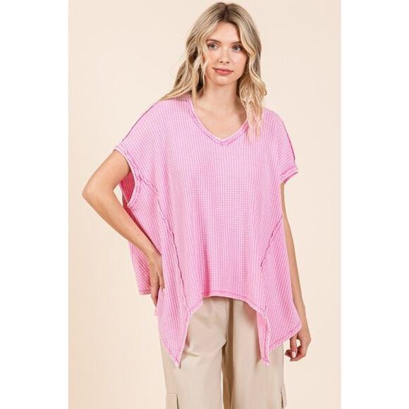 Mittoshop Mineral Wash Waffle Knit V-Neck Pointed Hem Oversized Top | Pink - Picture 4 of 6